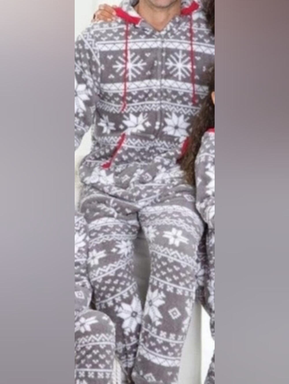 Kids 8-10 Grey Snowflake Hooded One-Piece Pajamas with Red Accents